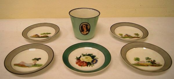Quattro piattini, porcellana russa, con al centro paesaggi, Piattino con fiori al centro, manifattura di stato di Pietroburgo 1919 e Tazzina, in porcellana Ginori, con medaglione con ritratto femminile, alt. cm 10 (6)