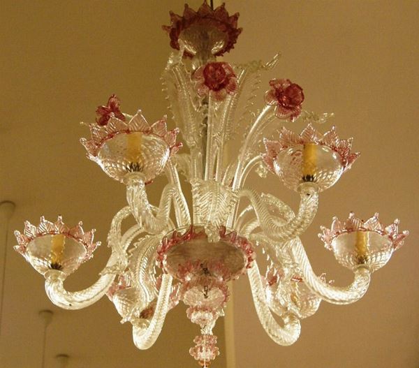 Lumiera a forma di campanula, in vetro di murano opalescente, diam. cm 48
