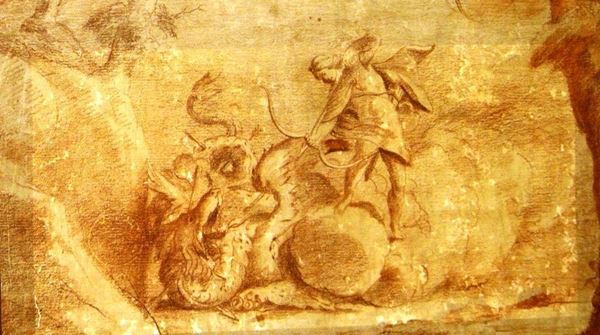 Disegno, raffigurante scena mitologica con Apollo, sanguigna su carta, cm 25x44
