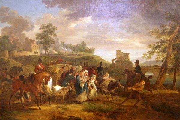 Scuola francese, sec. XIX  BATTAGLIA  olio su tela, cm 83x71  firmato Martinet