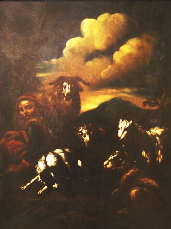 Scuola francese, sec. XVIII  PASTORE CON GREGGE  olio su tela, cm 97x71