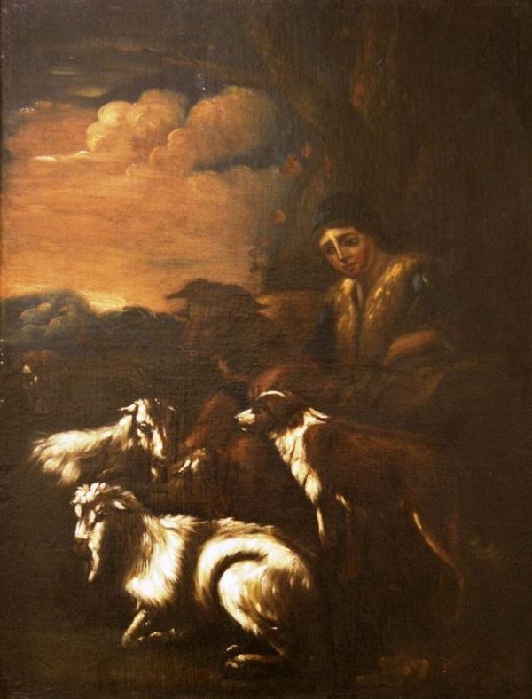 Scuola francese, sec. XVIII  PASTORE CON GREGGE  olio su tela, cm 97x71