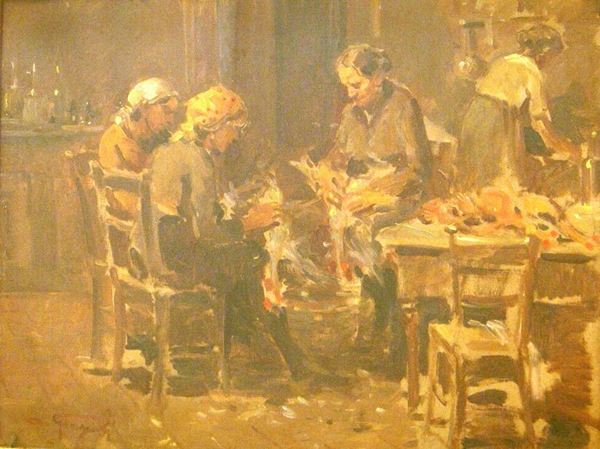 Ovidio Gragnoli (Grosseto 1893-Firenze 1953)  INTERNO CON FIGURE  olio su cartone, cm 53x41