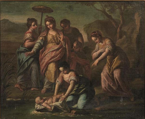Scuola veneta, sec. XVIII MOS SALVATO DALLE ACQUE olio su tela, cm 54x67