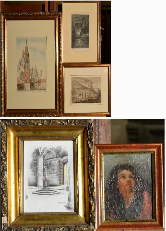 GRUPPO DI QUATTRO STAMPE 1)La torre delle ore e il Duomo di Milano, cm 23x18 indistintamente firmato e datato 1949 2)Veduta di campagna con pastori e armenti, cm 12x18 3)Scorcio di laguna, cm 15x10,5 4)Fontana, cm 15x10,5 DIPINTO AD OLIO Ritratto di fanciullo, cm 14x10.5 (5)