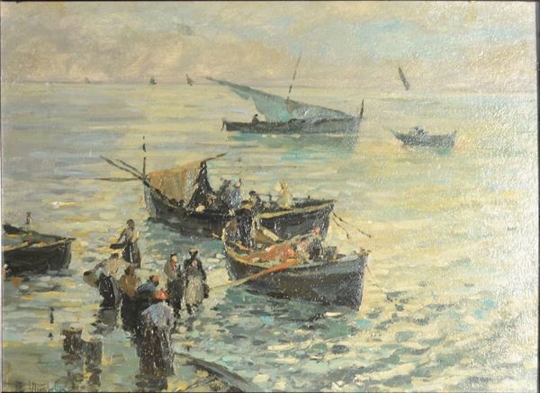 Mario Mirabella(1870-1931) PESCATORI dipinto ad olio, cm 30x41 indistintamente firmato