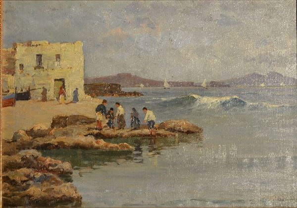 Scuola italiana, sec.XIX PESCATORI olio su tela, cm 25x35