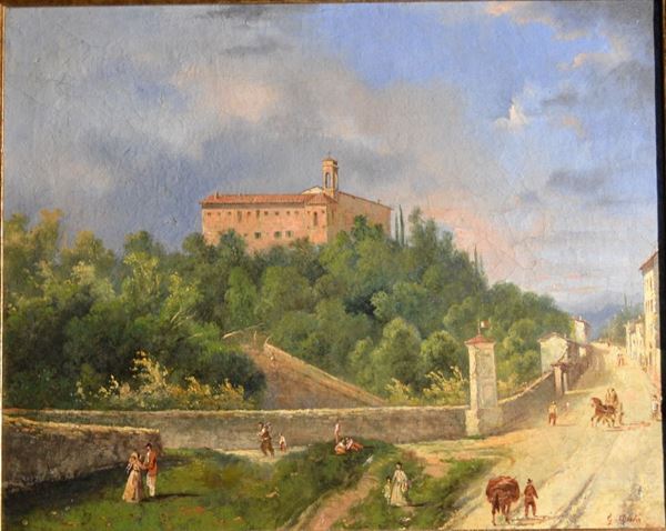 Scuola italiana, sec.XIX VEDUTA DI PAESE CON CONVENTO olio su tela, cm 38x49 indistintamente firmato