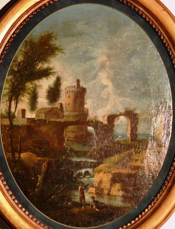 Scuola del sec,  XVII PAESAGGIO olio su tela ovale, cm 45x35