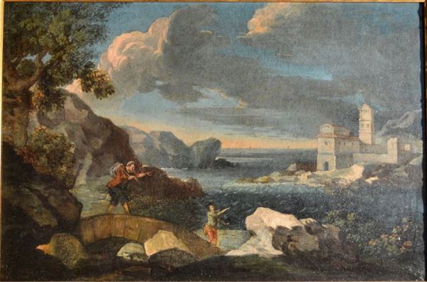 Scuola del sec. XVII PAESAGGIO olio su tela, cm 42x61 restauri