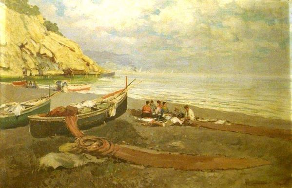 Anonimo, sec. XIX  MARINA CON PESCATORI  olio su tela ,cm 69x48 firmato