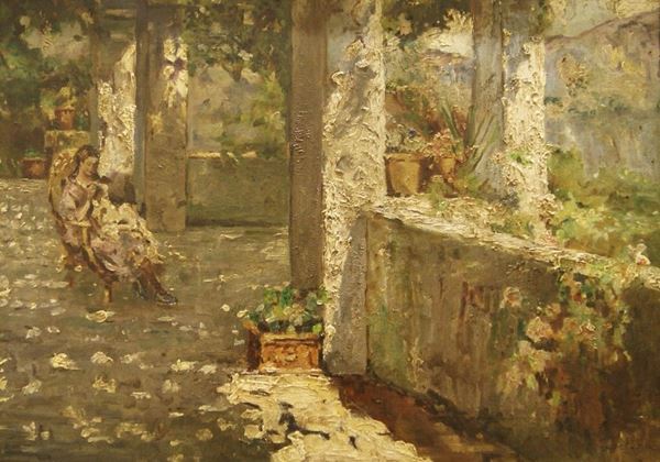 Anonimo, fine sec.XIX-inizi sec. XX  DONNA IN GIARDINO  olio su tela, cm 53x37  firmato