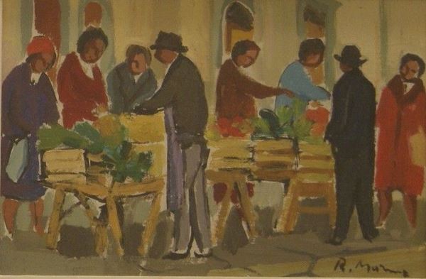 Rodolfo Marma (Firenze 1923-1999)  MERCATINO olio su tavola, cm 30x20