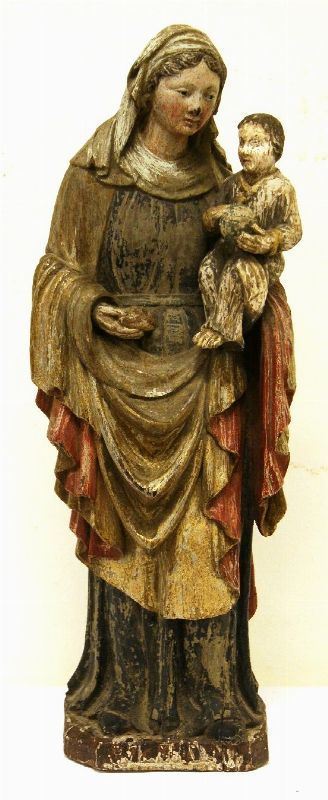 Scultura, sec. XVIII  MADONNA CON BAMBINO  in legno policromo, alt. cm 49