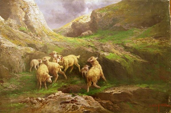 John Giovanni Califano (Roma 1864-Chicago 1946)  PAESAGGIO CON PECORE  olio su tela, cm 54x36