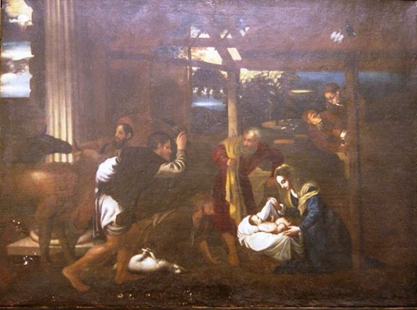 Scuola italiana, sec. XVIII  NATIVITA'  olio su tela, cm 86x166