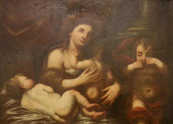 Scuola italiana, sec. XVIII  SACRA FAMIGLIA  olio su tela, cm 86x118