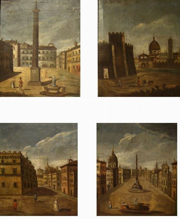 Scuola italiana, sec. XVIII  VEDUTE DI ROMA  quattro dipinti ad olio su tela, cm 58x49(4)