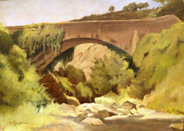 Umberto Maestrucci (Firenze 1897-1952)  PAESAGGIO FLUVIALE olio su tavola, cm 50x70