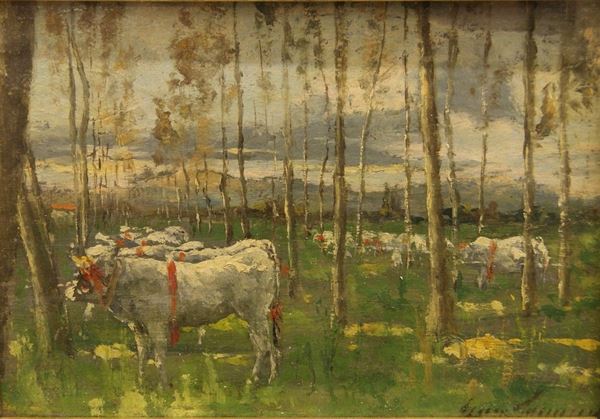 Gino Tommasi (Livorno 1880-1942)  PAESAGGIO CON BUOI  olio su tavola, cm 12x17