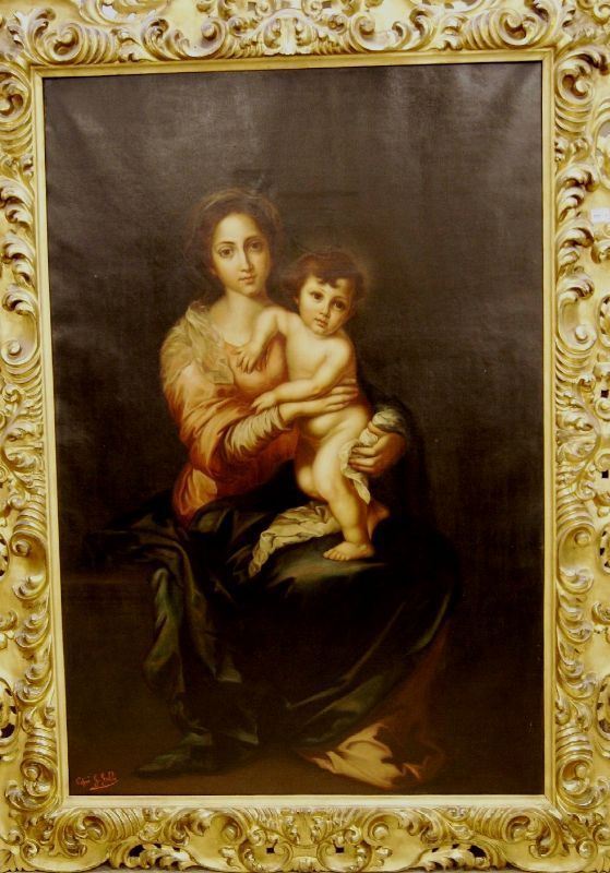 Copia di G.Galli, sec. XIX  MADONNA CON BAMBINO olio su tela, cm 106x156 in cornice dorata e intagliata