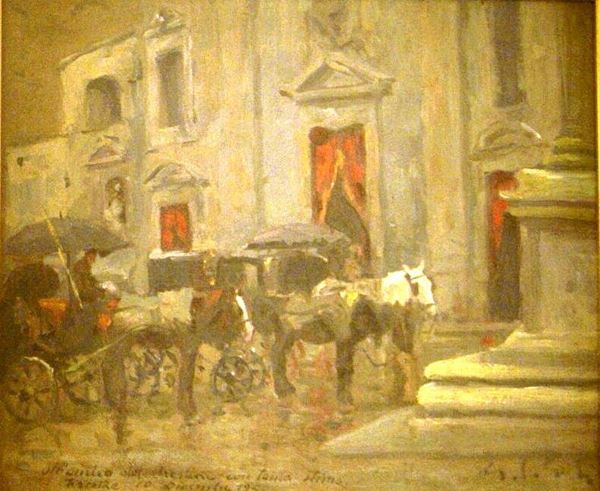 Gino Paolo Gori (Firenze 1911-1991)  CARROZZELLE  olio su masonite, cm 30x25  con dedica