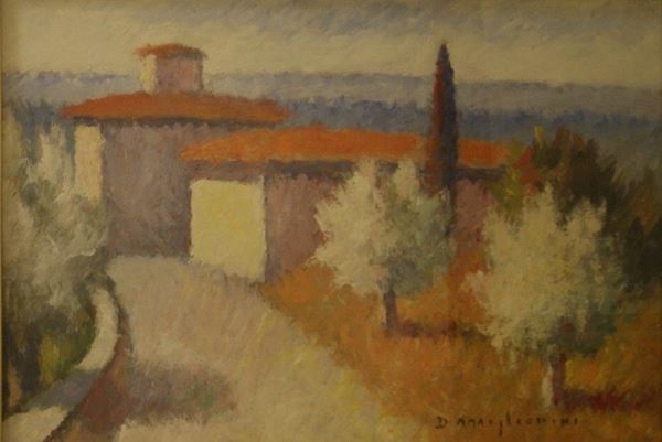 Dino Migliorini (Rignano sull'Arno 1907-Contea 2005)  PAESAGGIO  olio su masonite, cm 60x40