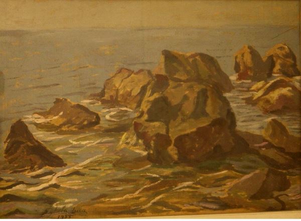 Scuola toscana  SCOGLI  olio su cartone, cm 50x35  firmato Parducci