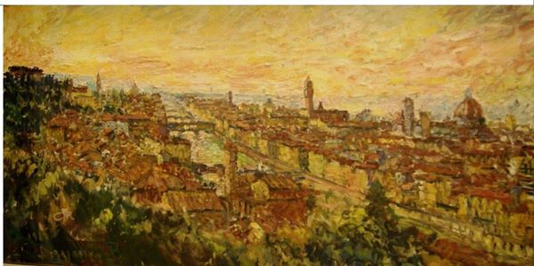 Guido Borgianni (New York 1915-Firenze 2011)  VEDUTA DI FIRENZE  olio su tela, cm 110x55  - Asta Antiquariato e Collezionismo - Poggio Bracciolini Casa d'Aste