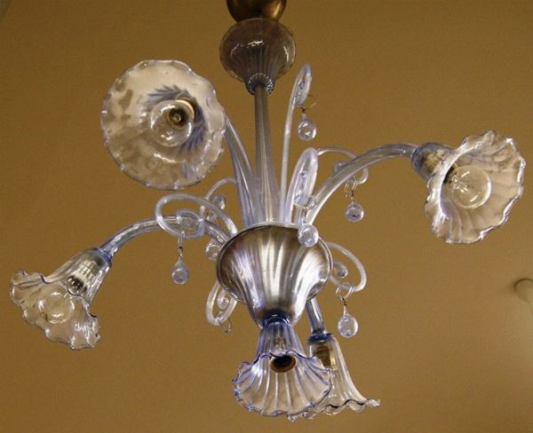 Lumiera, in vetro di Murano blu, a cinque luci, a motivo floreale