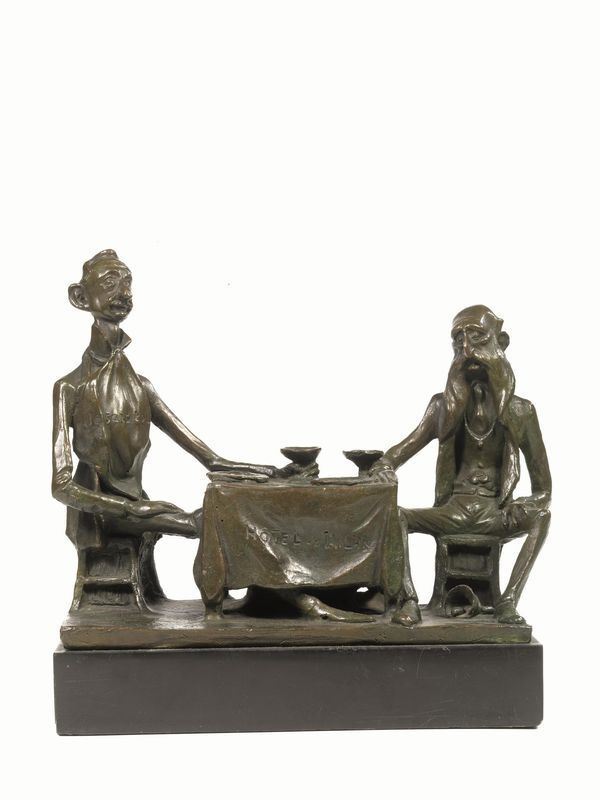Gruppo umoristico, sec. XX, in bronzo raffigurante due uomini seduti        attorno ad un tavolo, base rettangolare tovaglia con iscrizione  de Milan firmato L. Rizzi, alt. cm 24