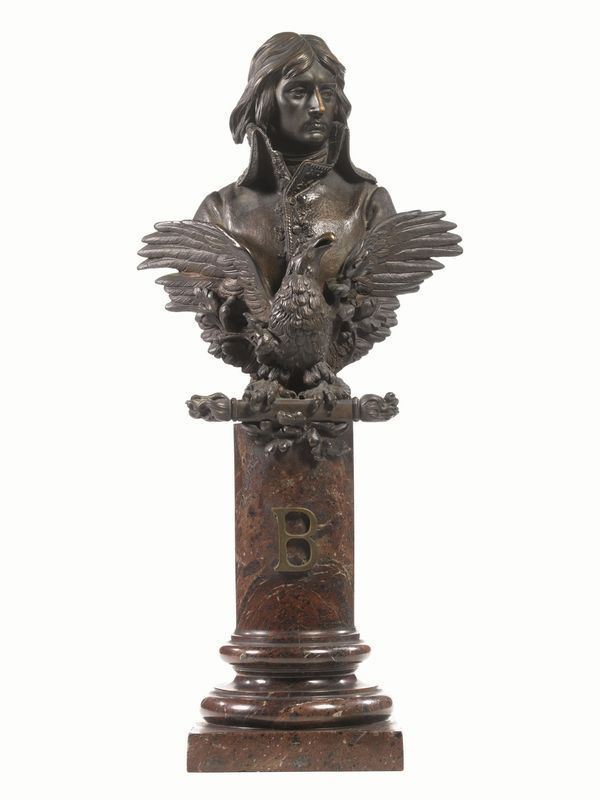 Scultura, Antonio Pandiani (Milano 1838-1929), fine sec. XIX, in bronzo     modellato a busto di Napoleone su base a plinto in marmo, alt. cm 54, firmata