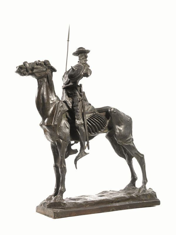 Scultura, sec. XX, Don Chisciotte in bronzo su base rettangolare, alt. cm   55, reca la sigla L.O.