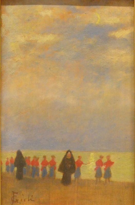 F. Gioli GITA SULLA BARCA olio su tavoletta, cm 19.5x12.3  firmato in cornice