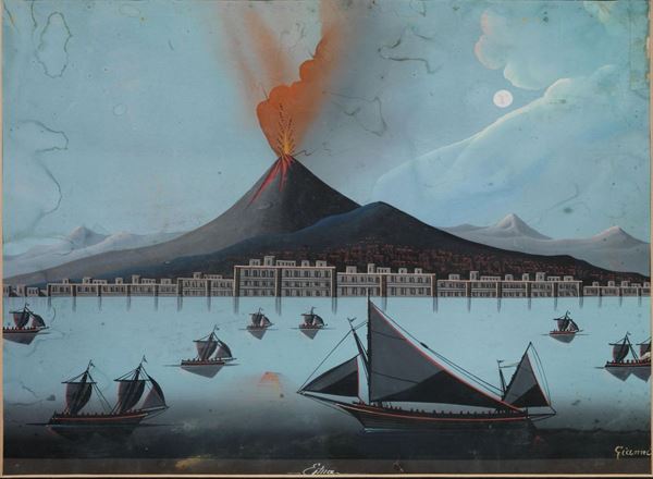Scuola napoletana, secc. XIX-XX ERUZIONE DELL'ETNA gouache su carta, cm 39x53 iscritto Gianni