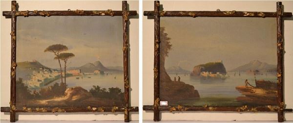 Scuola napoletana, inizi sec. XX VEDUTE DEL GOLFO DI NAPOLI coppia di dipinti ad olio su tela, cm 51x65 (2)
