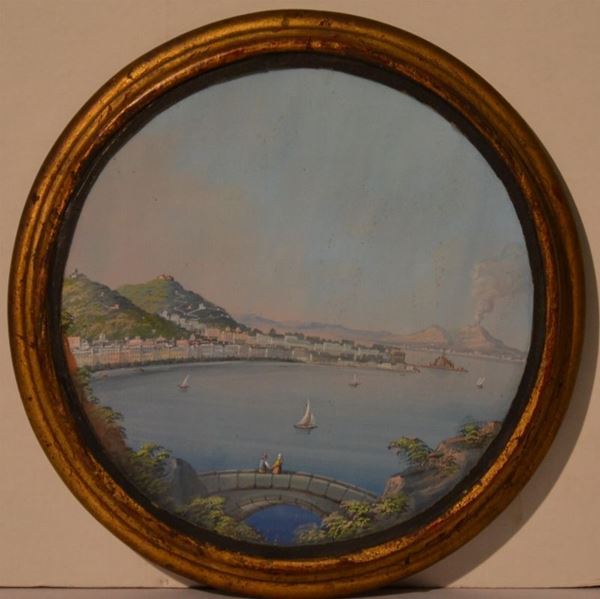 Scuola napoletana,  sec. XX VEDUTA DI NAPOLI gouache su carta, diam. cm 22,5
