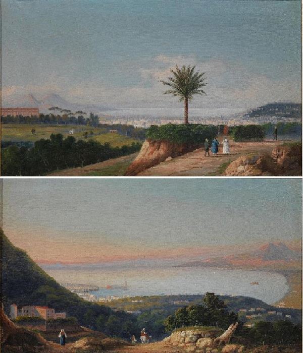 Scuola napoletana, secc. XIX-XX VEDUTE DEL GOLFO DI NAPOLI CON FIGURE coppia di dipinti ad olio su tela, cm 48x75 (2)