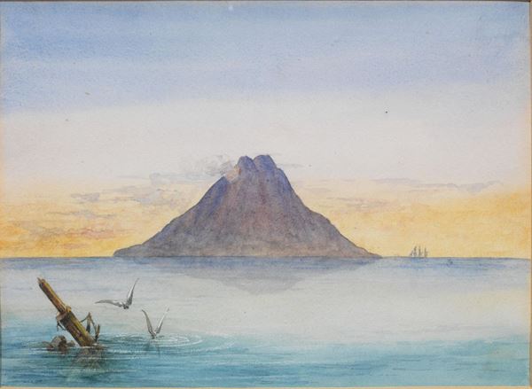 Scuola napoletana, sec. XX VEDUTA DI STROMBOLI acquerello su carta, cm 22x30