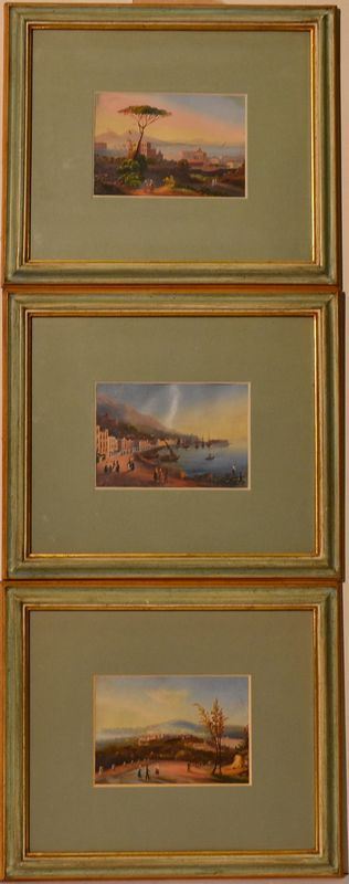 Scuola napoletana, secc. XIX-XX VEDUTE DEL GOLFO DI NAPOLI tre gouache su carta, cm 13x18 (3)