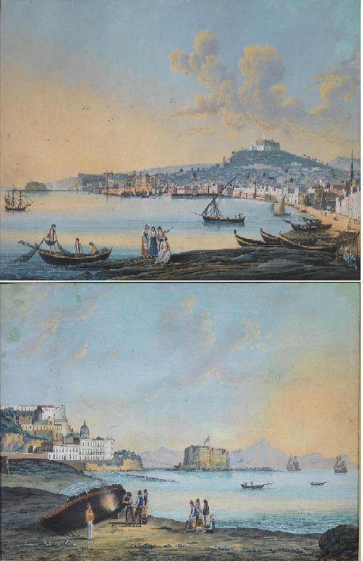 Scuola napoletana, secc. XIX-XX VEDUTE DEL GOLFO DI NAPOLI coppia di gouache su carta, cm 34x54 ciascuno (2)