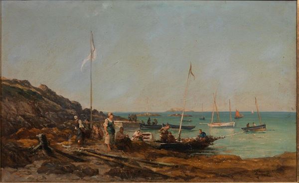 Scuola napoletana, secc. XIX-XX MARINA olio su cartoncino, cm 32x51,5 indistintamente firmato