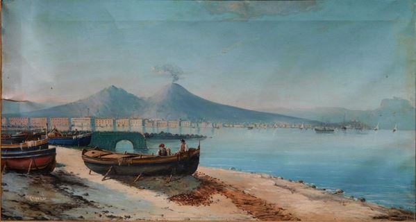 Scuola napoletana, sec. XIX  VEDUTA DEL GOLFO DI NAPOLI olio su tela, cm 55x103 firmato Capuzzo
