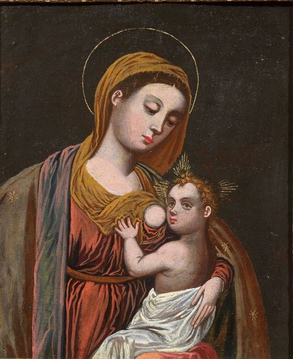 Scuola veneto-cretese, sec. XVII MADONNA DEL LATTE tempera su tavola, cm 45x36,8