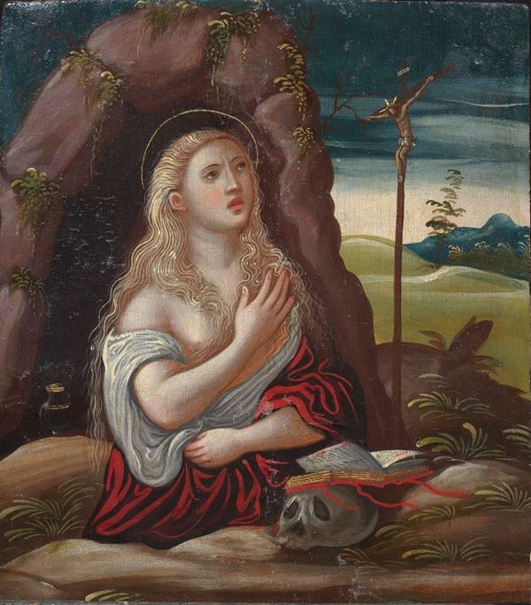 Scuola veneto-cretese, sec. XVI MADDALENA PENITENTE tempera su tavola, cm 42,x37
