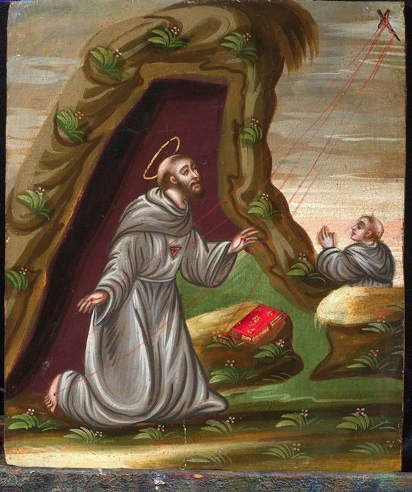 Scuola veneto-cretese, sec. XVII FRATE LEONE E SAN FRANCESCO CHE RICEVE LE STIMMATE tempera su tavola, cm 35,4x30