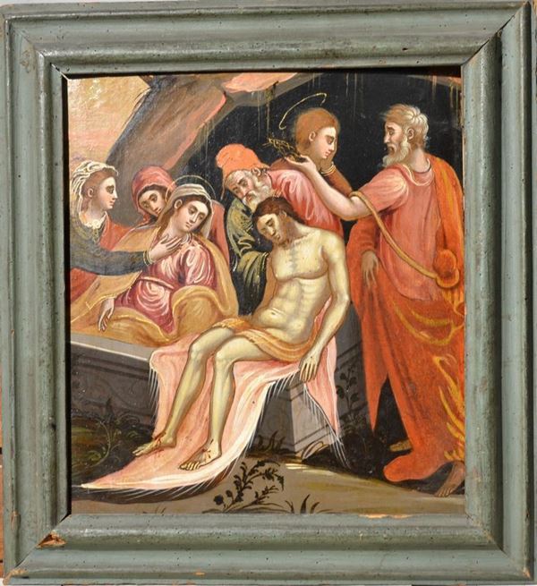 Scuola veneto-cretese, sec. XVI CRISTO DEPOSTO NEL SARCOFAGO CON LA MADONNA, MARIA MADDALENA, SAN GIOVANNI, IL CIRENEO E SAN GIUSEPPE DARIMATEA tempera su tavola, cm 37,5x32,5