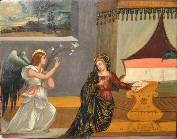 Scuola veneto-cretese, sec. XVI ANNNUNCIAZIONE tempera su tavola, cm 37x46,5  senza cornice