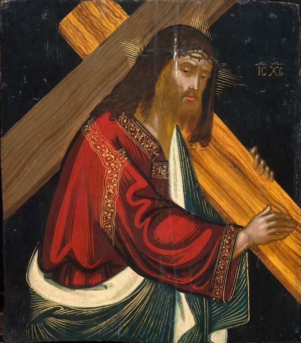 Scuola veneto-cretese, sec. XVII CRISTO PORTACROCE tempera su tavola, cm 34,5x29,5