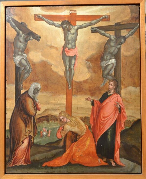 Scuola veneto-cretese, sec. XVI CROCEFISSIONE CON I DUE LADRONI, LA VERGINE, SAN GIOVANNI E LA MADDALENA tempera su tavola, cm 51,5x41  senza cornice